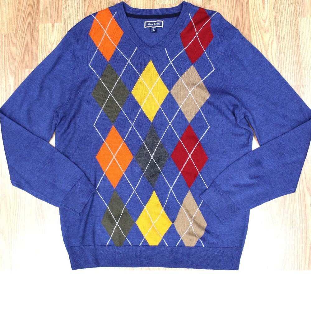 CLUB ROOM ARGYLE V-NECK MERINO WOOL/ACRYLIC SWEATER BLUE LARGE, L